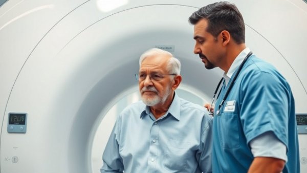 Medical professional helps patient in MRI scanner room.