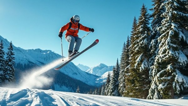 Dynamic skier airborne with snowy mountain backdrop, showcasing hidden tech.