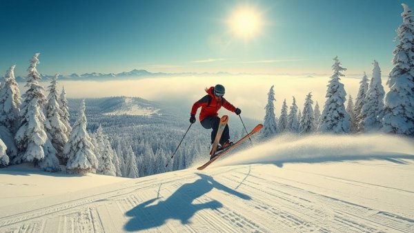 Skier leaps above snowy landscape showcasing hidden tech powering modern ski holidays.