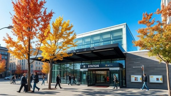 Modern subway station entrance with autumn trees, part of Broadway Subway Project.