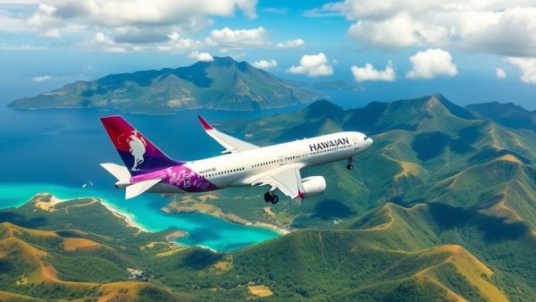 Hawaiian Airlines plane flying over lush Hawaiian landscape, ocean and mountains in view.