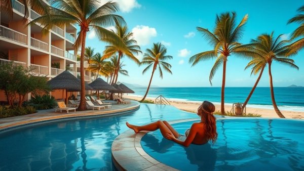 Hilton beach hotel, woman relaxing by the pool with ocean view