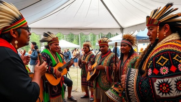 Indigenous musicians performing at Sault Ste. Marie gathering.