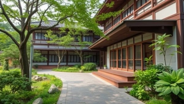 Modern Japanese hotel entrance with greenery.