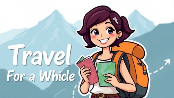 Travel For a While logo with woman backpacking in mountains.