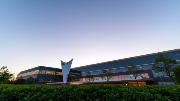 Nvidia headquarters showcasing sleek architecture in the evening.