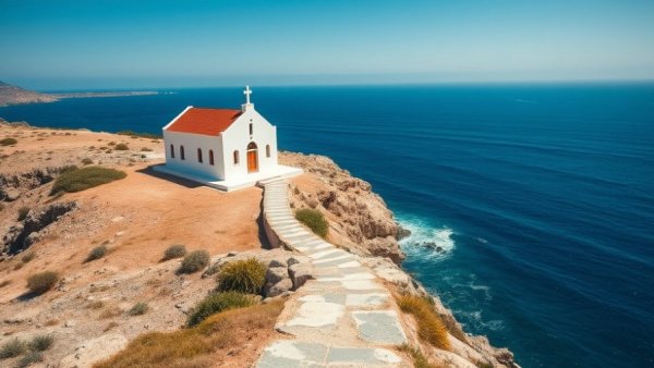 Rocky path leading to a white chapel by the sea in Sifnos
