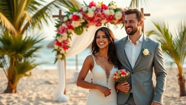 Joyful couple at tropical beach wedding with floral arch.