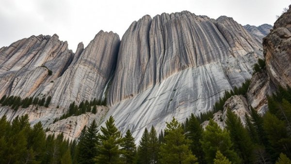 Steep granite rock face amid greenery under a cloudy sky.
