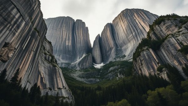 Imposing granite rock face with lush forest and cloudy sky backdrop.