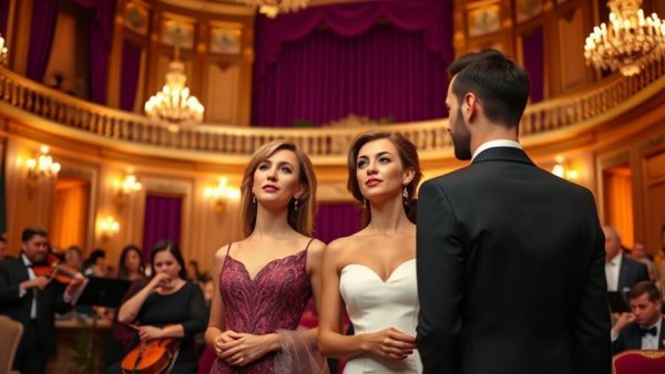 Elegant couple addressing audience at formal event with musicians.