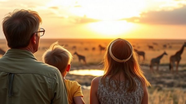 Family enjoying African safari at sunset witnessing wildlife
