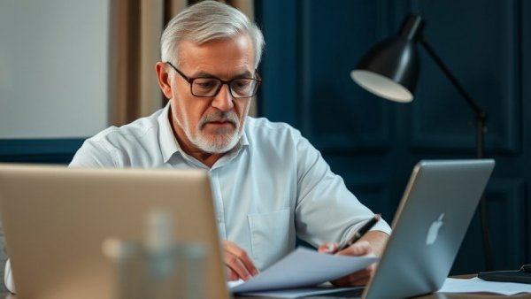 Older man reviewing Medicare costs on laptop in home office.