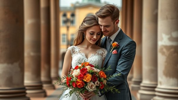Wedding couple embracing tenderly outdoors.