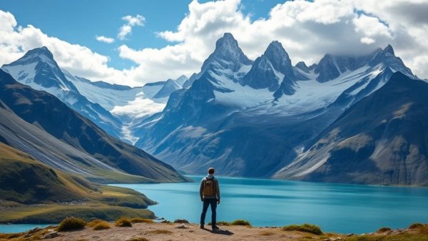 Scenic adventure travel in a mountain landscape with a person by a lake.