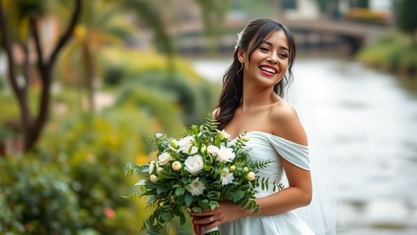 Lowcountry garden party wedding with bride holding a lush bouquet.