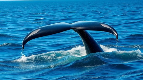 Whale's tail in ocean, symbolizing whale watching capital.