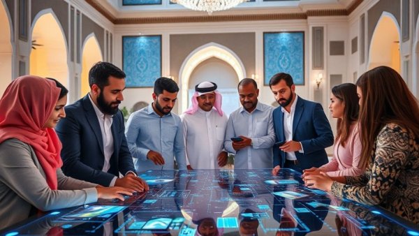 Diverse team at AI Digital Hub in Oman with holographic table display.