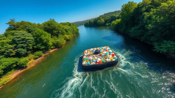 Meycauayan plastic interceptor initiative on a river, aerial view.