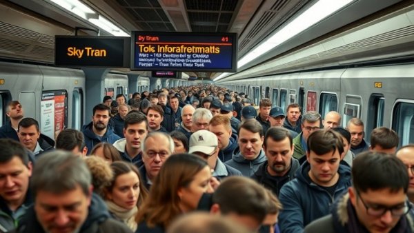 SkyTrain service disruption in Vancouver with crowded platform and alert screen.