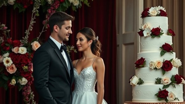 Elegant merlot wedding scene with bride and groom posing.