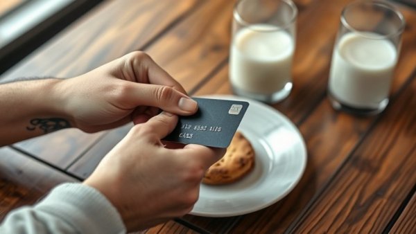 Contactless payment scene in cafe with cookie and milk.