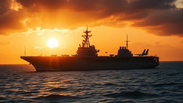 Naval ships at sunset, oil prices rise due to Trump Iran threats.