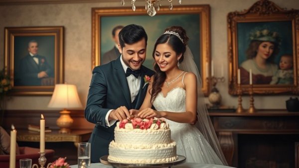 Elegant couple personalized wedding cutting cake in vintage setting