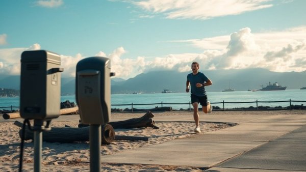 Runner near Metro Vancouver beach parking meter with mountains in the background.