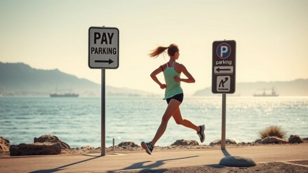 Public pay parking sign by Metro Vancouver beach, runner passing by.