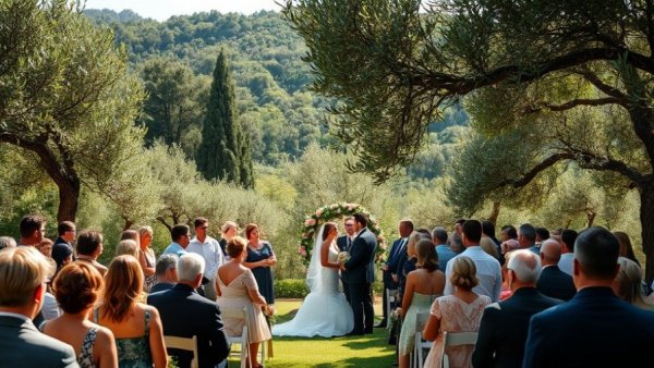Tuscan Castle Wedding ceremony in a picturesque olive grove setting.