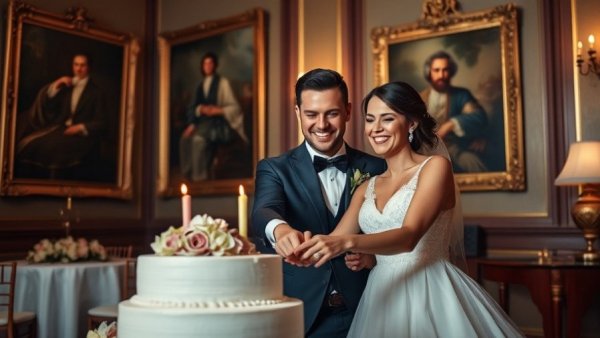 Emotional weddings: couple joyfully cutting cake in elegant setting.