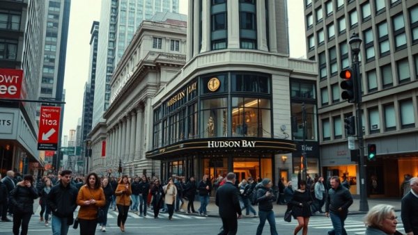 Bustling street corner with Hudson's Bay store in Vancouver.