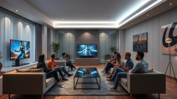 Family enjoying 100-Inch LG QNED Gaming Experience in a modern living room.