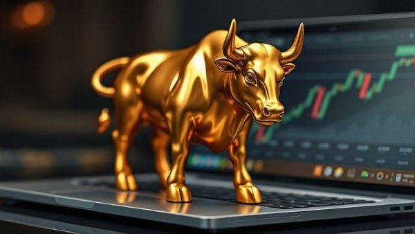 Golden bull on laptop symbolizing Amazon earnings growth.