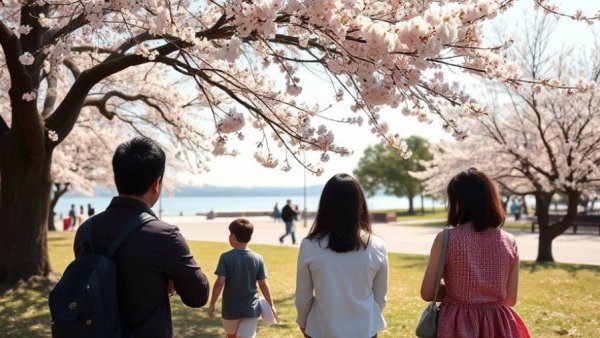 Springtime visitors in Ambleside Park with cherry blossoms