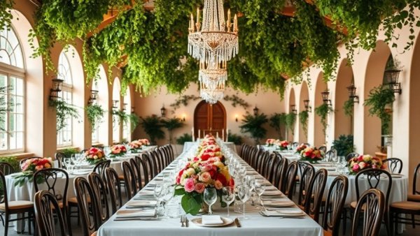 Mediterranean-inspired wedding reception with floral and greenery decor.