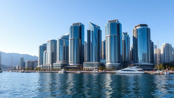 Modern Vancouver skyscrapers reflecting in water under a clear sky.