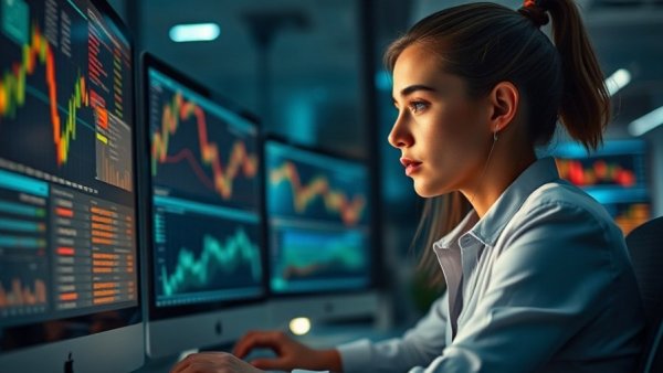 Focused woman analyzes stock data to invest in AI stocks.