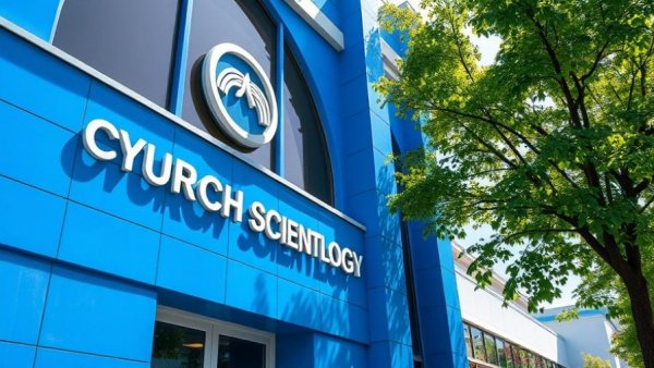 Scientology building sign with blue facade and tree.