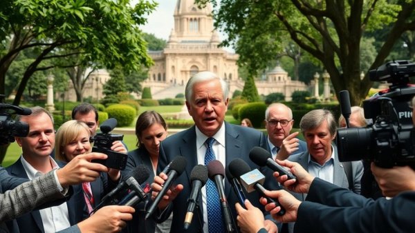 Public figure addressing media outdoors in iconic garden setting