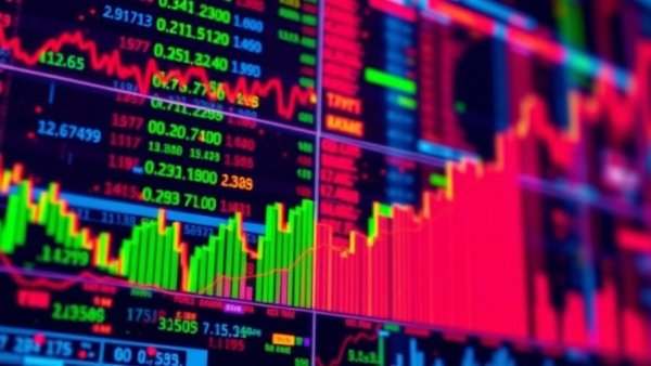 Abstract financial data display with vibrant stock charts showing growth trends.