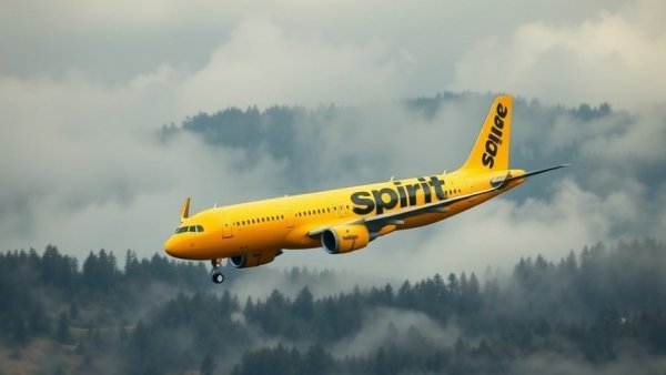 Spirit Airlines airplane flying with misty forest backdrop.