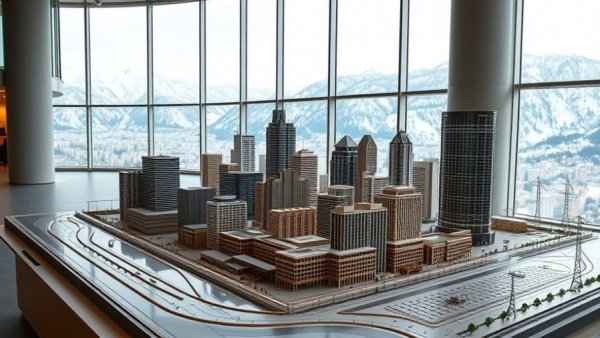 Architectural model depicting future high-rises in Vancouver with mountain backdrop.