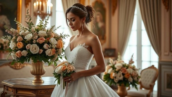 Elegant bride at a British-Italian wedding in a classic setting.