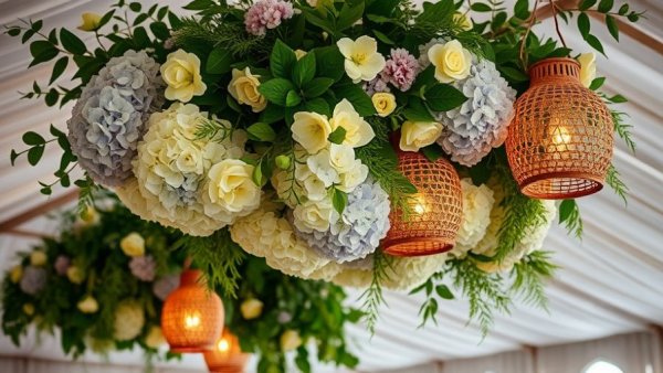 Quintessentially British wedding ceiling decor with flowers and lanterns.