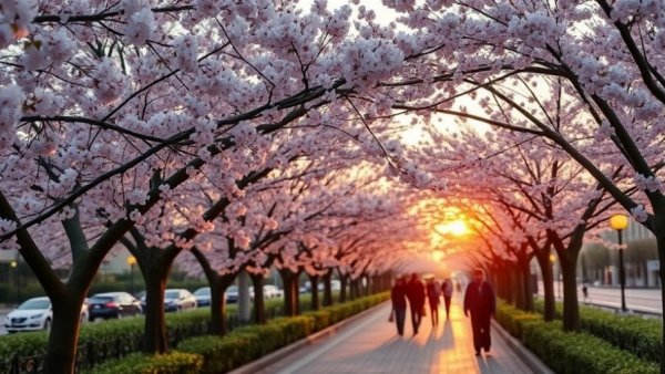 Idyllic cherry blossom pathway in South Korea at sunrise