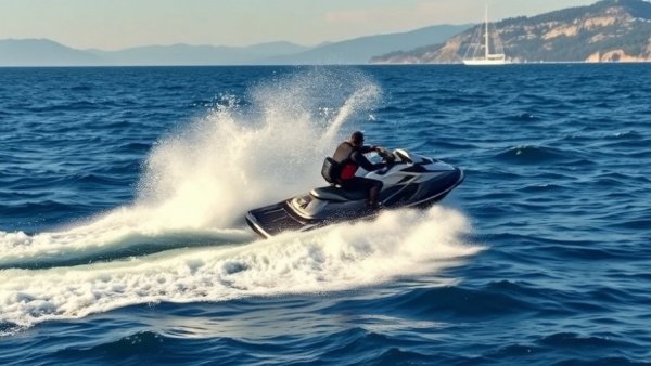 Jet ski near grey whale causing splash, ocean scene.