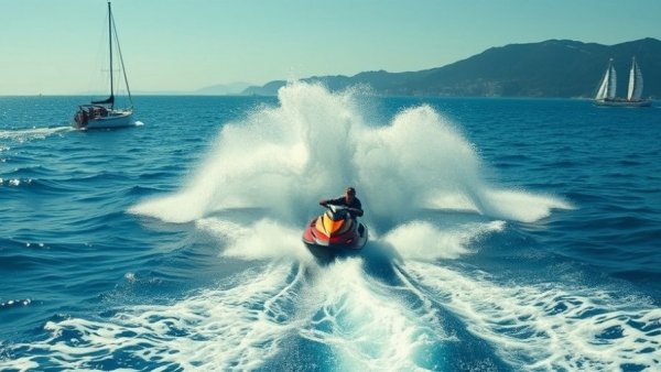 High-speed jet ski near whale collision, ocean action scene