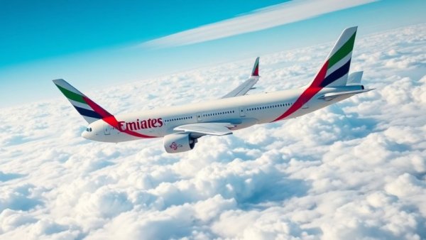 Emirates airplane soaring above clouds as global network restores.